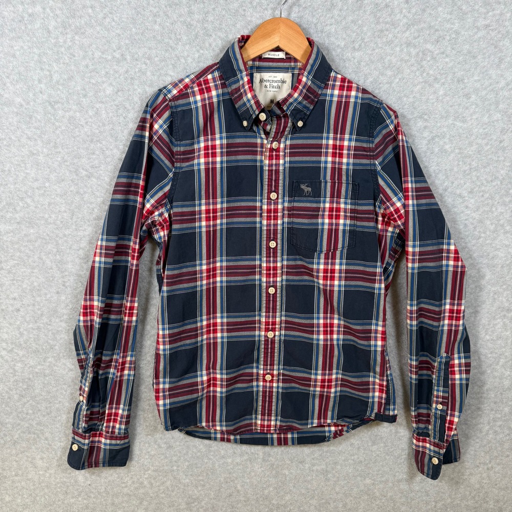 Abercrombie & Fitch Mens Muscle Plaid Button Down Shirt Navy Red Moose Medium